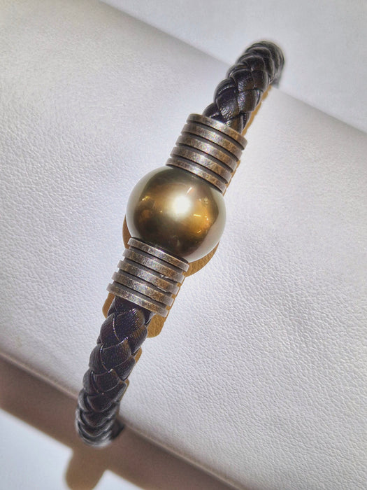 Bracelet Homme en Cuir Tressé avec Perle Ronde de 13.4 mm